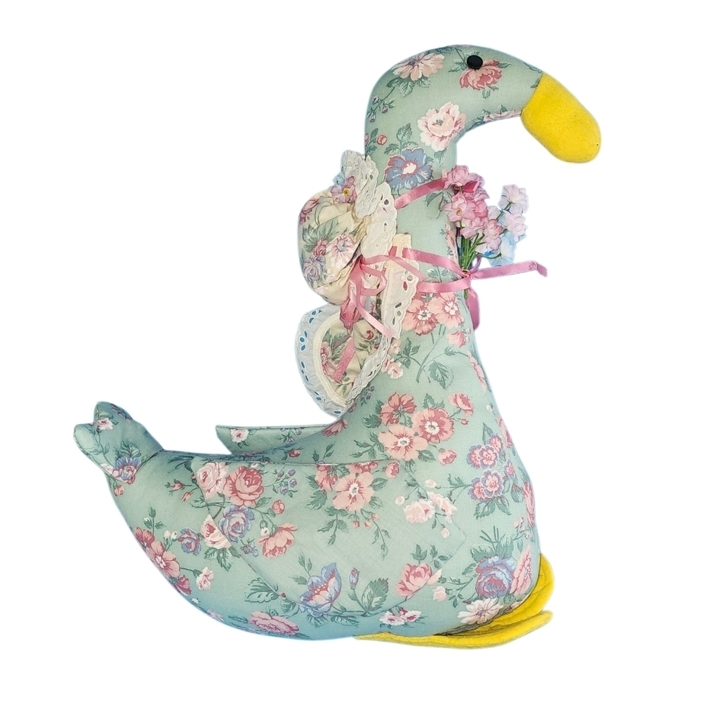 Cottagecore Doorstop Floral Duck Plush with Bonnet
